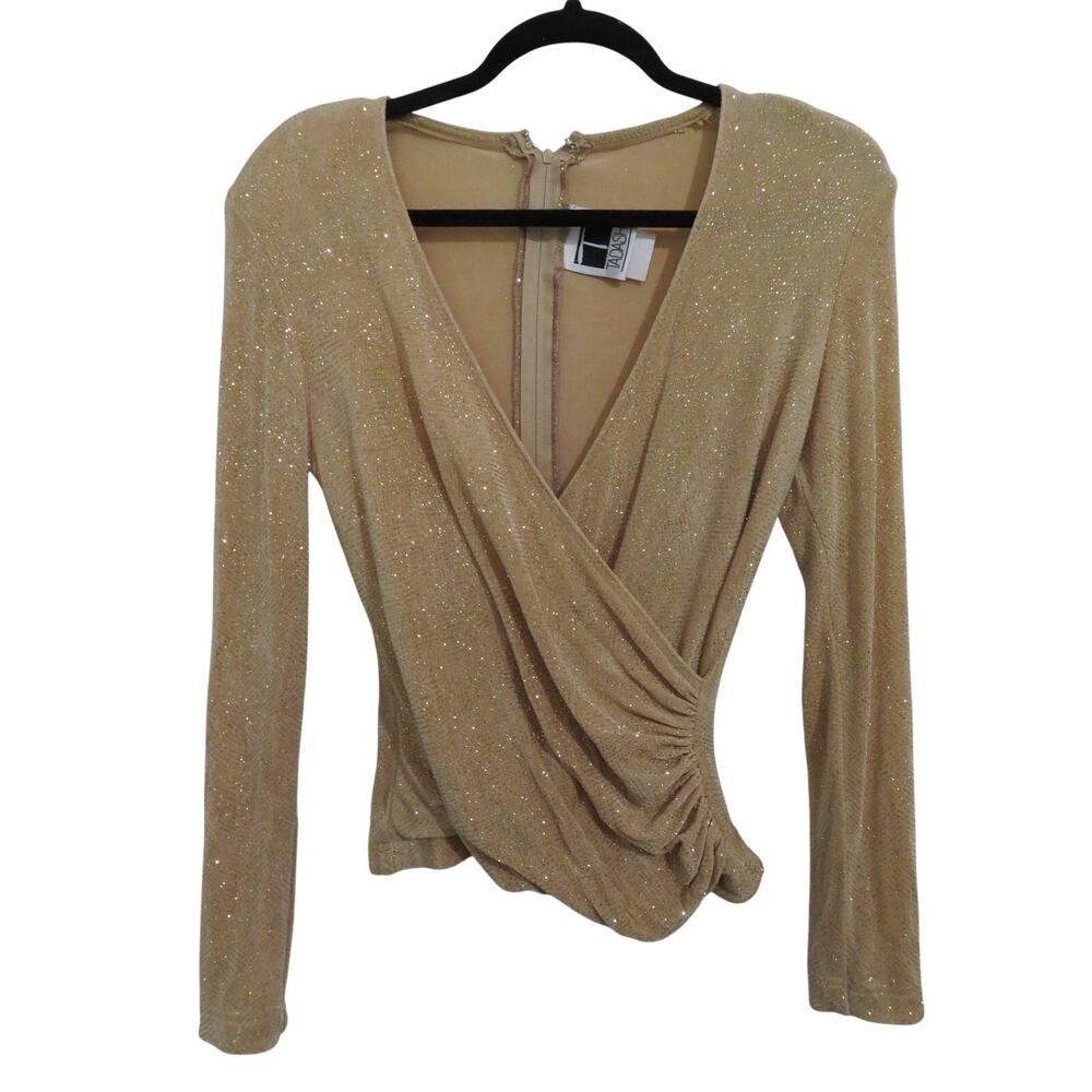 Vintage Tadashi Women Sz M Gold Shimmer Faux Wrap Blouse Back Zip Glitter Top